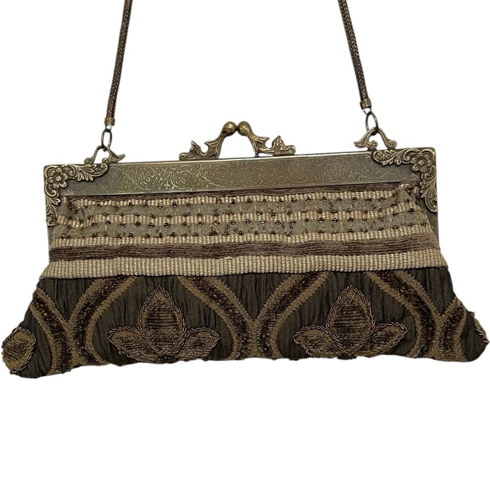 Vintage Ornate Brass Metal Kiss Lock Shoulder Bag Beaded Embroidered Art Deco